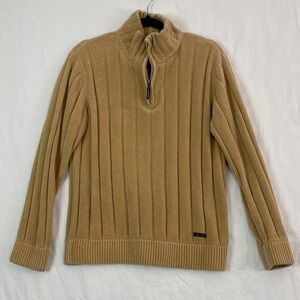 Quarter Zip Ribbed Knit Sweater Tan Sz 42